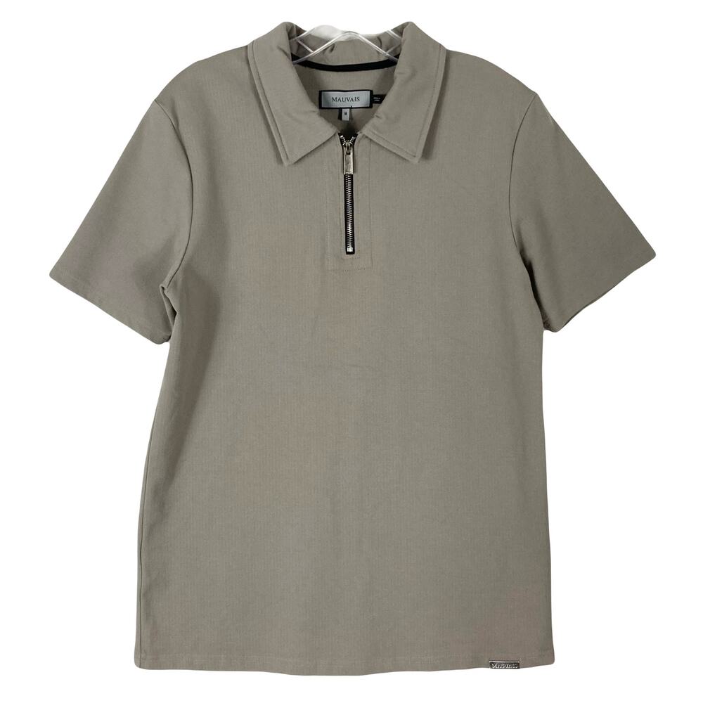 NWOT MAUVAIS Polo Shirt Men M Grey Logo Metal Zip Short Sleeve Stretch Rayon